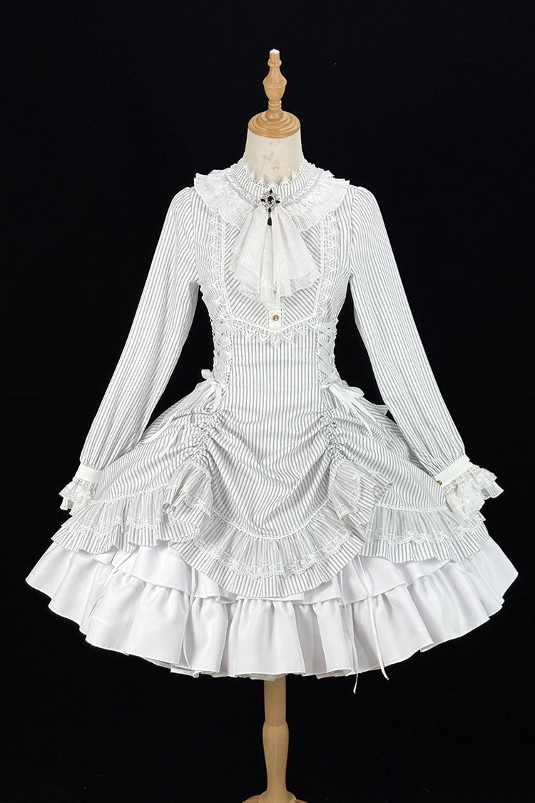Ivory Manor Point High Collar Long Sleeve Striped Ruffle Hem Gothic Gown