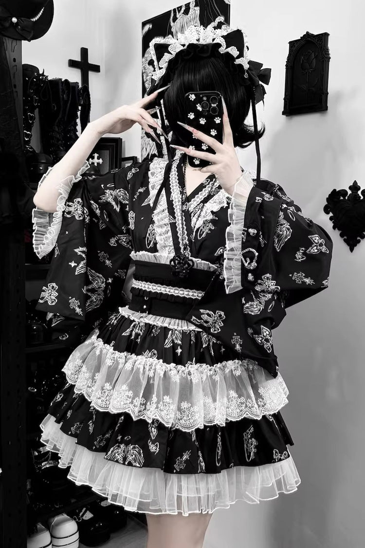 Studded Ruffled Lace Print Gothic Jirai Top and Skirt Set in Three Shades