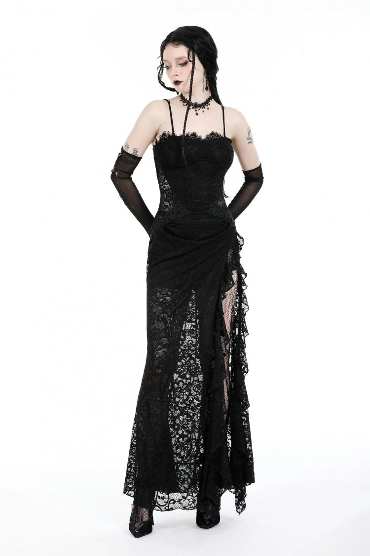 Sleeveless Side Slit Ruffled Lace Lace-Up Gothic Maxi Slip Wedding Dress