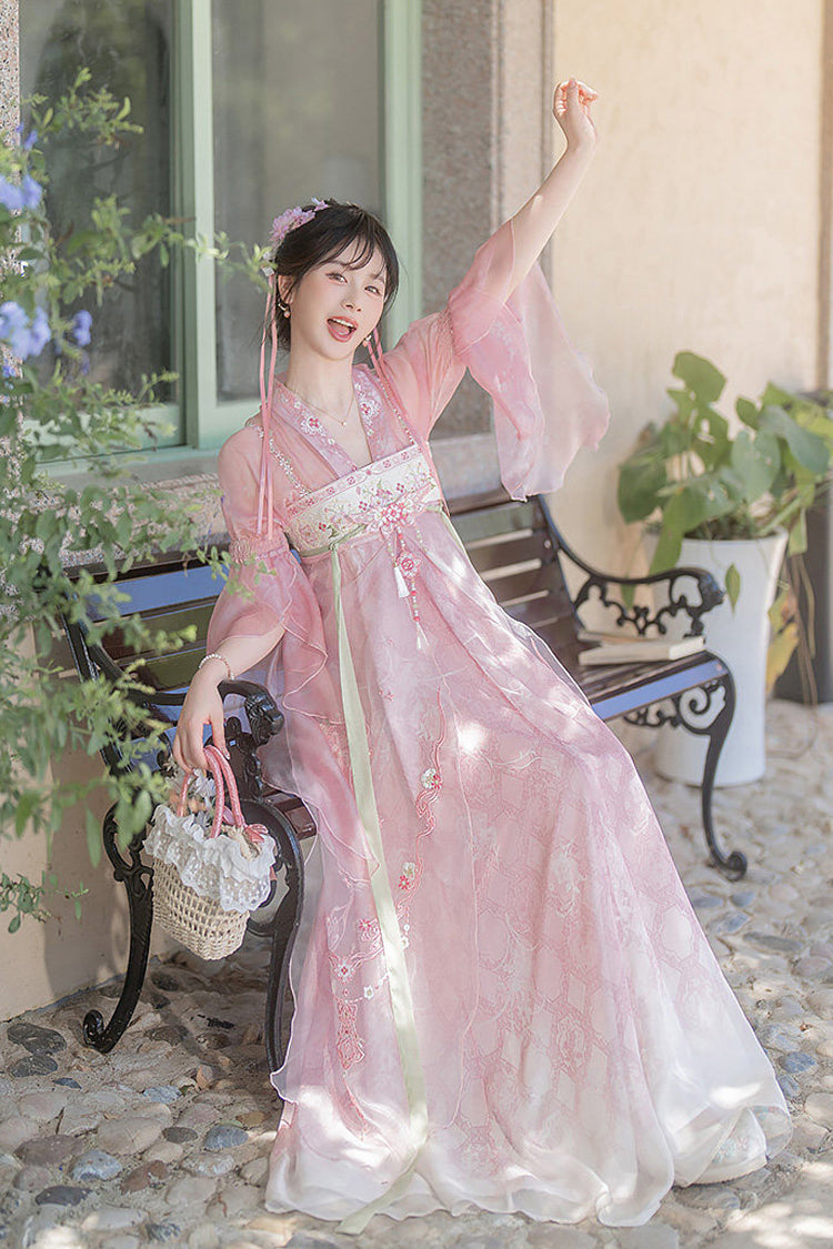 Rose Tang Dynasty V-Neck High Waist Embroidered Women's Casual Sweet Hanfu Ensemble