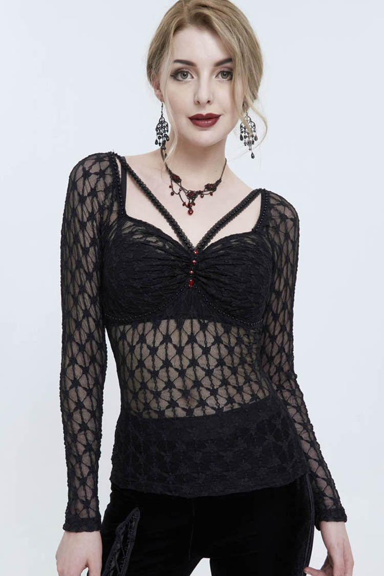 Punk Black Lace Mesh Front Red Diamond Transparent Long-Sleeve Women's Shirt