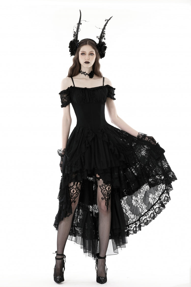 Black Boat Neck Off-Shoulder Short Puff Sleeve Ruffled Lace Lace-Up Irregular Gothic Dress