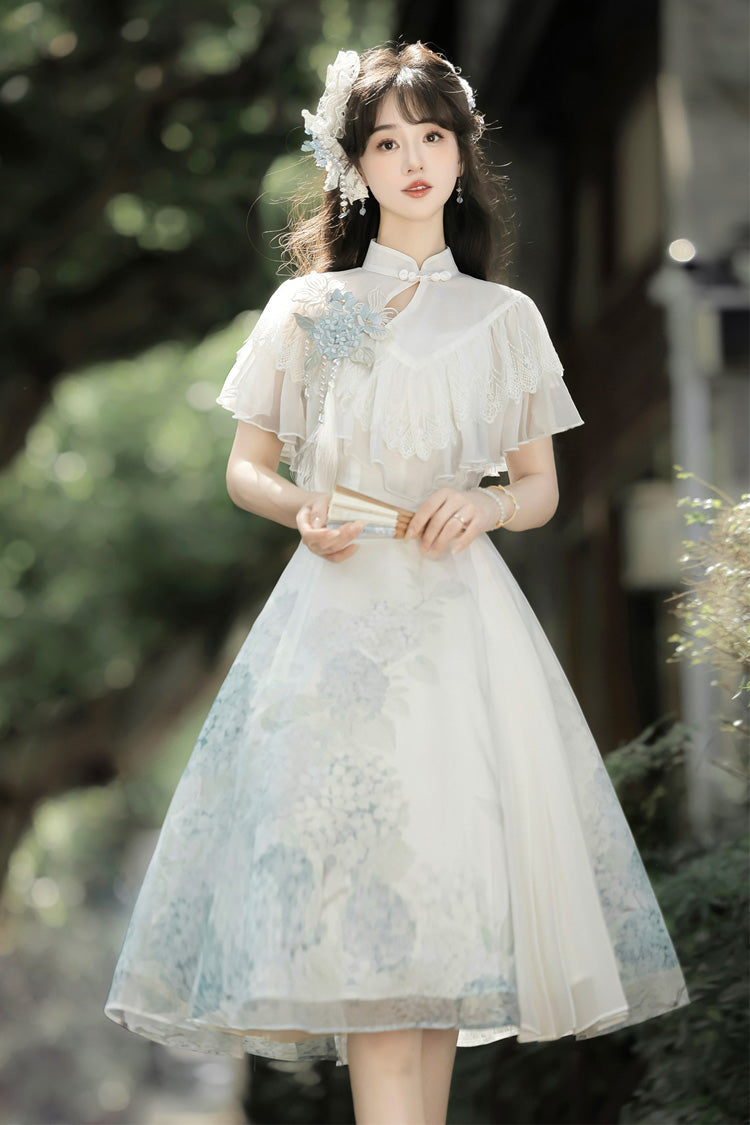 Ivory Print Ruffle Lace Chinese Elegant Short Dress