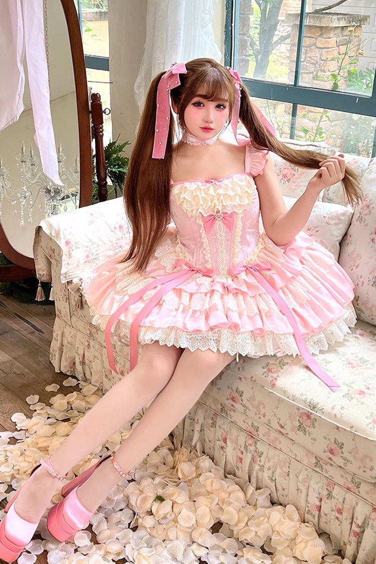 Pink Multi-Layered Ruffled Bow Lace Sweet Ballet Lolita Dress