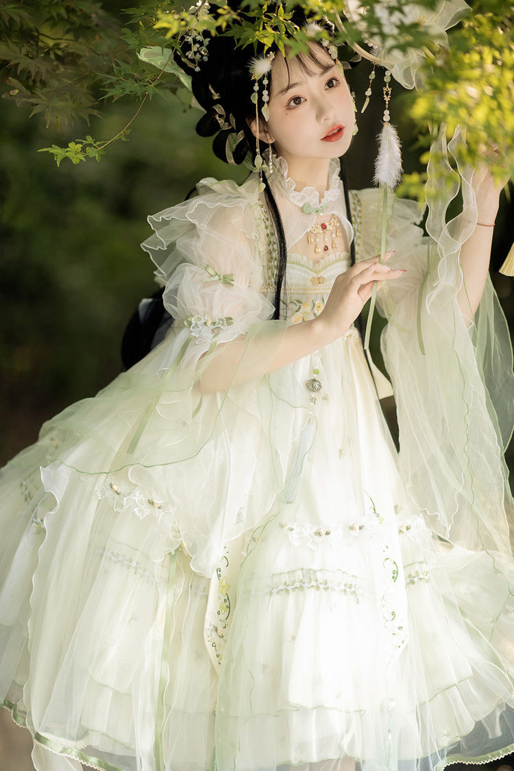 Cream Luo Ling Fu Embroidery Bow Lace Frilled Chinese Style Sweet Lolita JSK Dress