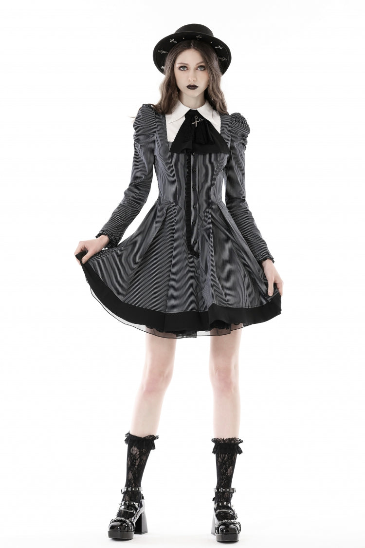 Lapel Collar Long Puff Sleeves Striped Preppy Gothic Dress