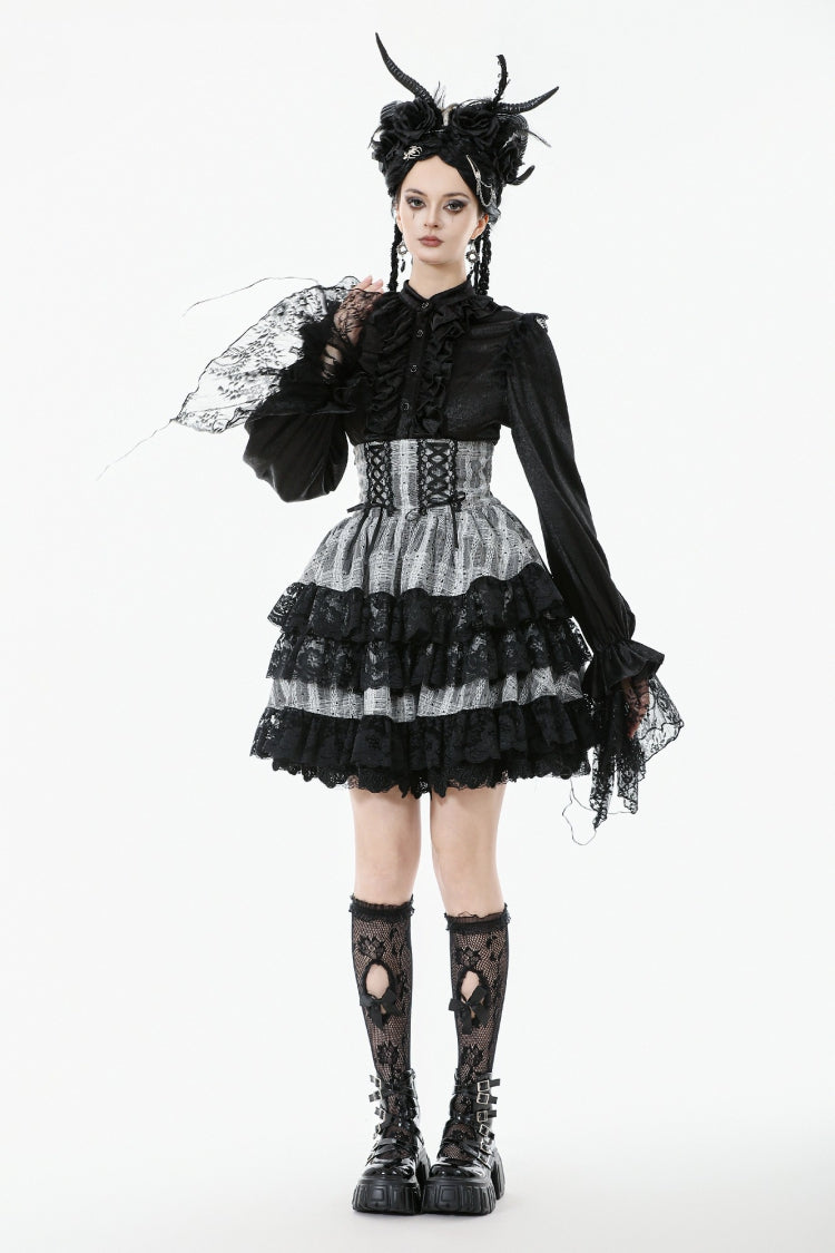 High Waist Lace-Up Ruffled Layered Hem Skirt - Lolita