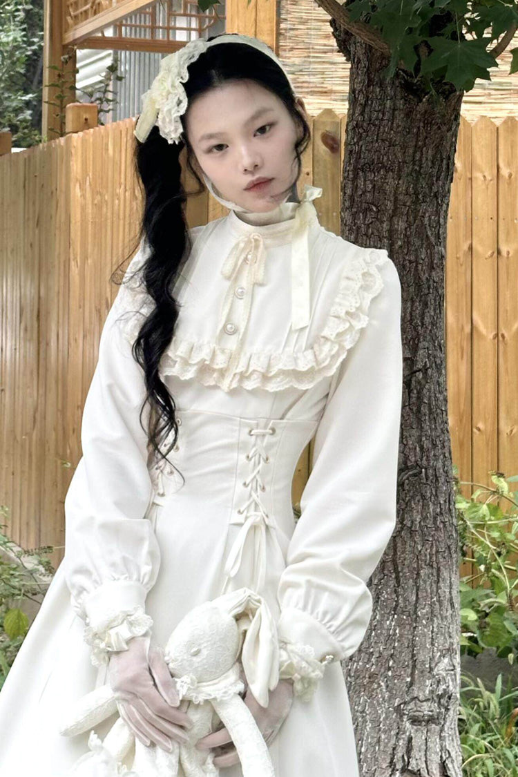 Gothic Apricot Stand Collar Long Sleeve Ruffled Lace-Up Lolita Dress