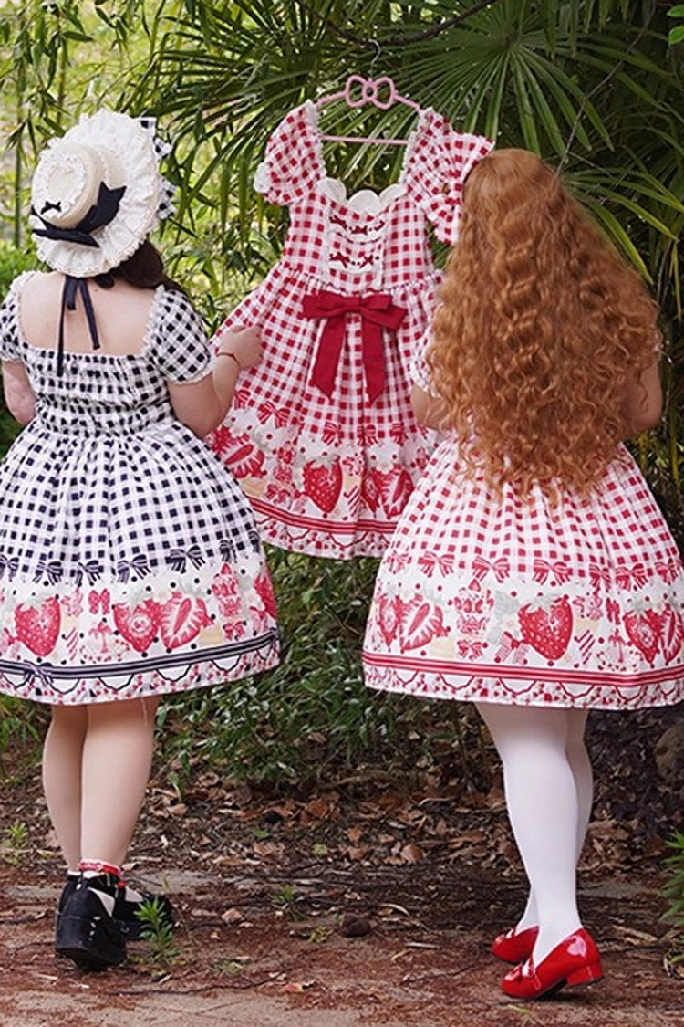 Strawberry Plaid Print Bowknot Sweet Plus Size Princess Black Short Sleeves Dress