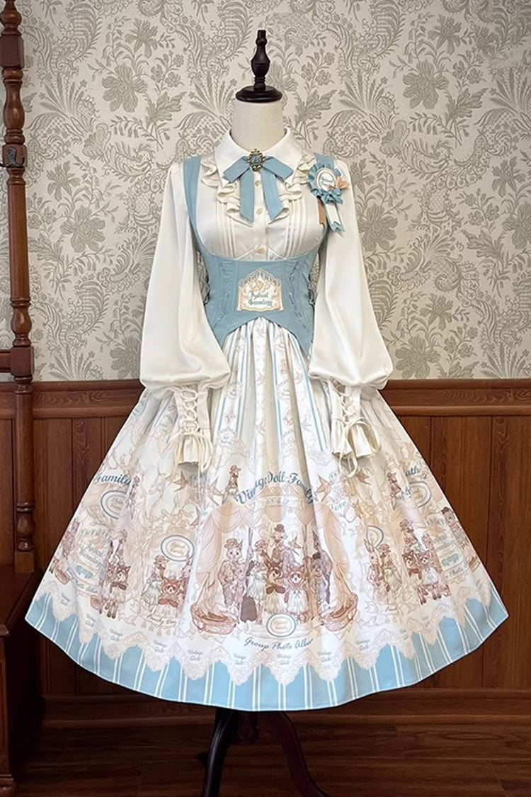 Dollhouse Print Long JSK Dress with Embroidery and Ruffles