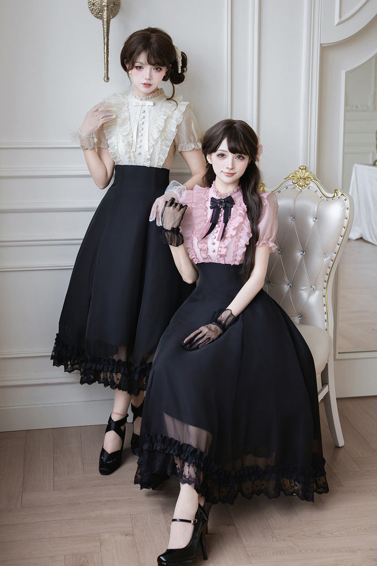 Miss Lola Snow Kiss Stand Collar Short Puff Sleeves Ruffled Color-Blocked Faux Two-Piece Sweet Lolita Long Dress 3 Colors - Black