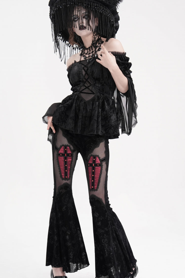 Sheer Black Hollow Lace-Up Mesh Long Sleeve Halter Gothic Blouse