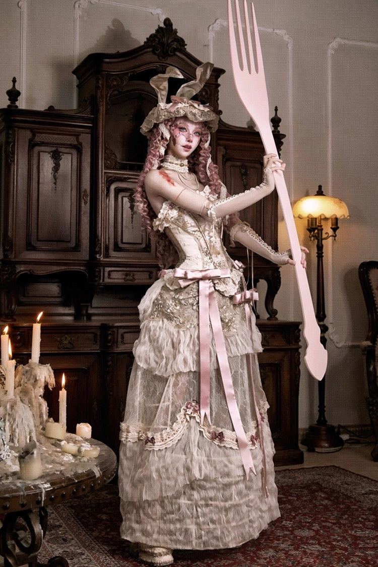 Light Brown Embroidered Classic Long Skirt with Bow - Cupid’s Poetry Box
