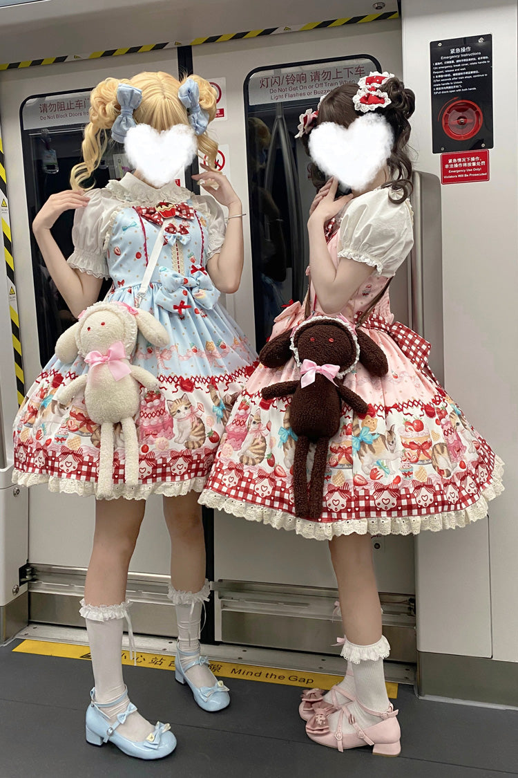 Sleeveless Bow Lace Sweet Lolita Strap Dress with Print - Strawberry Cake Kitty