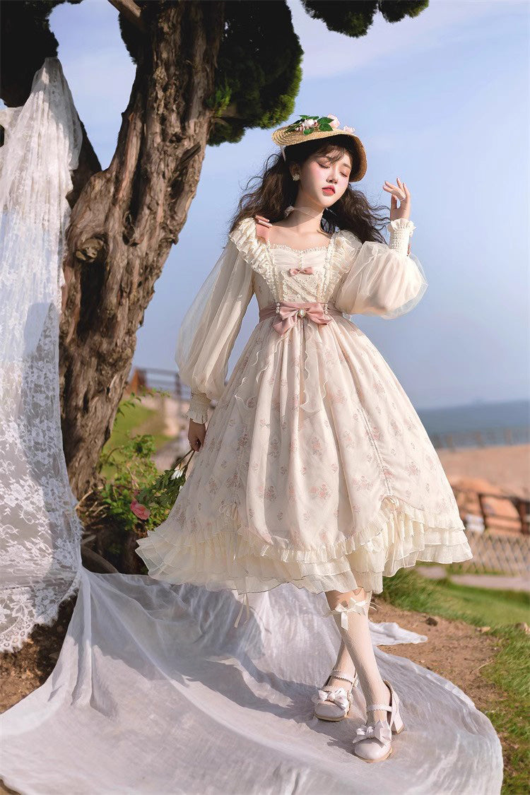 Ivory Letter Print Ruffle Bowknot Casual Elegant Lolita Dress