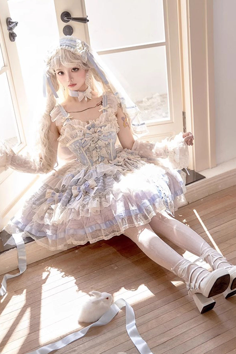 Moonstone Sleeveless Ruffle Embroidery Bow Lace Fishbone Princess Dress in Blue