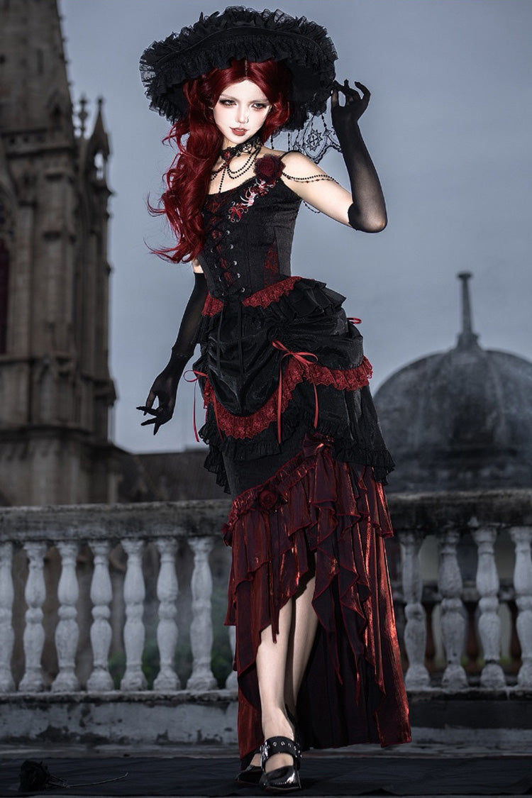 Black/Red Embroidered Lace-Up Gothic Skirt Set with Ruffles