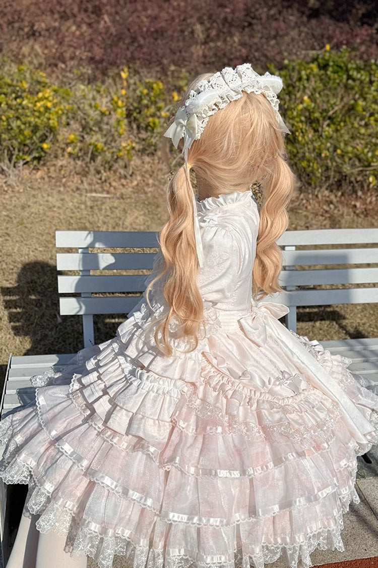 Pink Soloist Doll Long Hime Sleeve Multi-Layer Print Ruffle Bow Asymmetrical Sweet Lolita