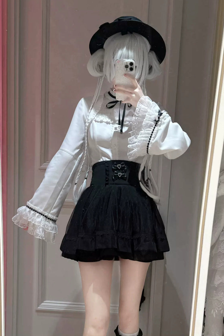 Moonlit Butterfly Lapel Collar Trumpet Sleeve Ruffled Lace Japanese Skirt Set