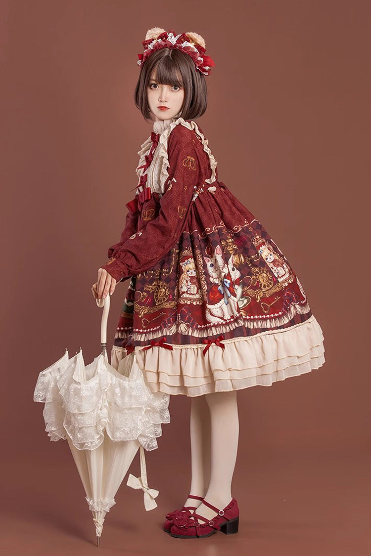 Multi-Layered Sweet Lolita Dress with Bowknot and Print - Rabbit and Bear Feast, 2 Shades