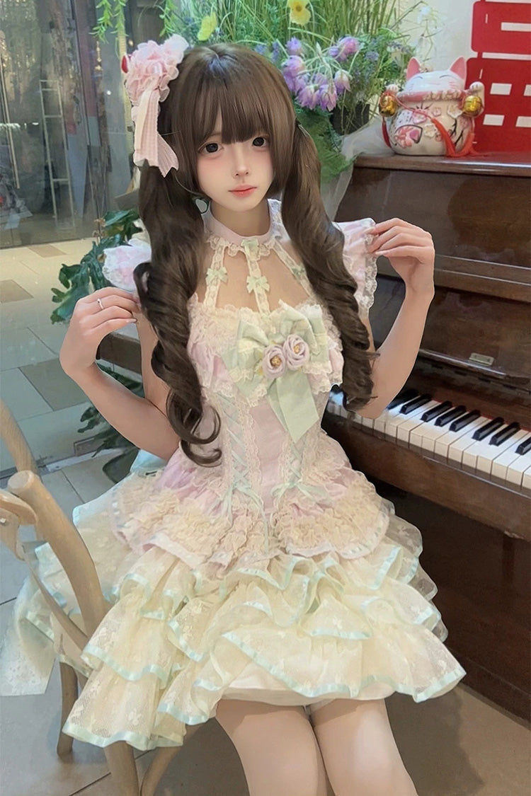 Flower Language of Eros Violet Halterneck Ruffle Bowknot Rose Lace-Up Ballet Lolita JSK - Flower Language of Eros