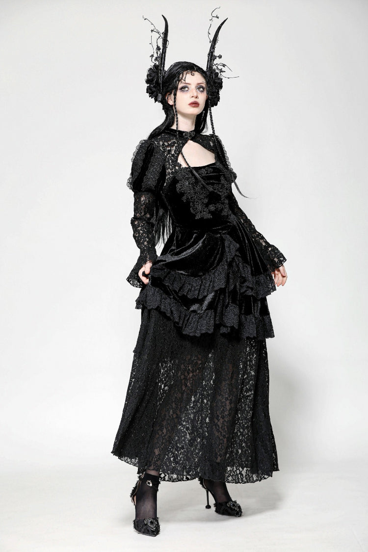 Jet-Black Gothic Evening Dress with Cutout Lace and Velvet Corset