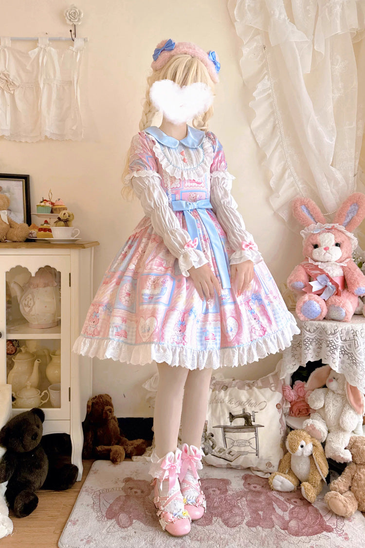 Lapel Collar Long Sleeve Printed Bow Sweet Lolita Dress