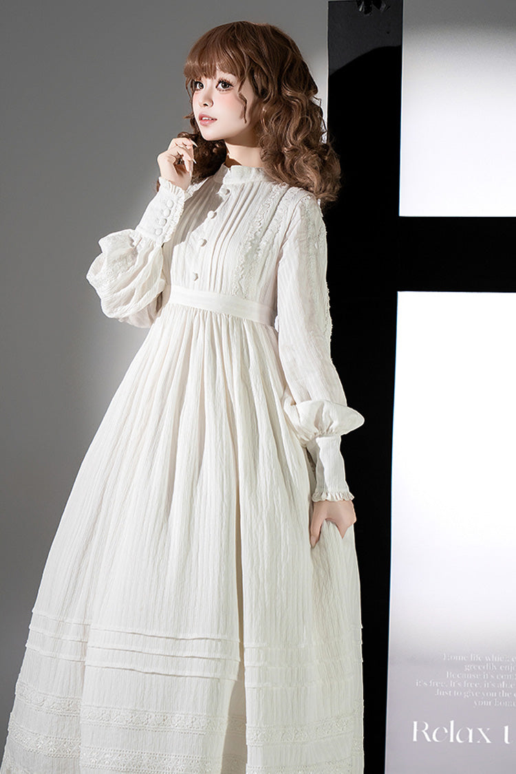 Ivory Long Sleeve Jacquard Gothic Dress with Bows - Quiet Place