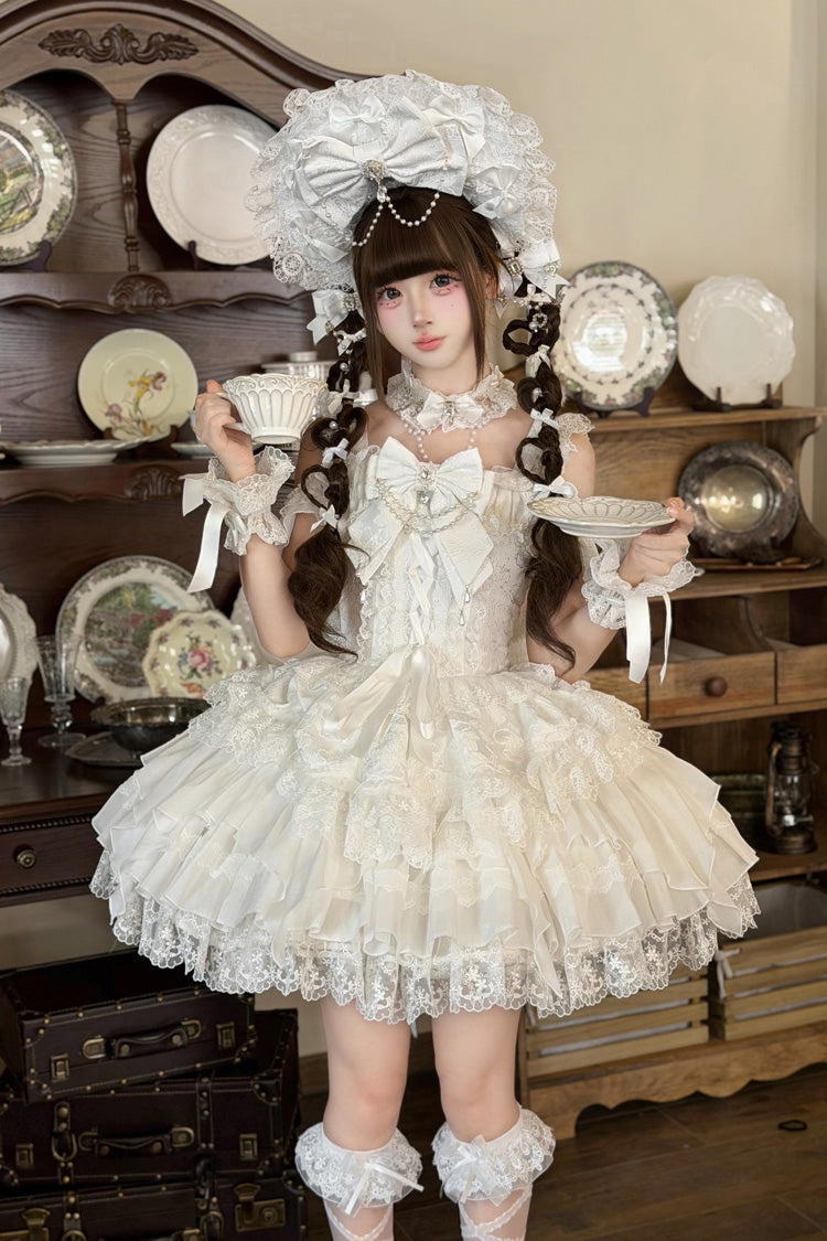 Ivory Ballet Pearl Square Neck Sleeveless Tiered Ruffle Bow Lace-Up JSK