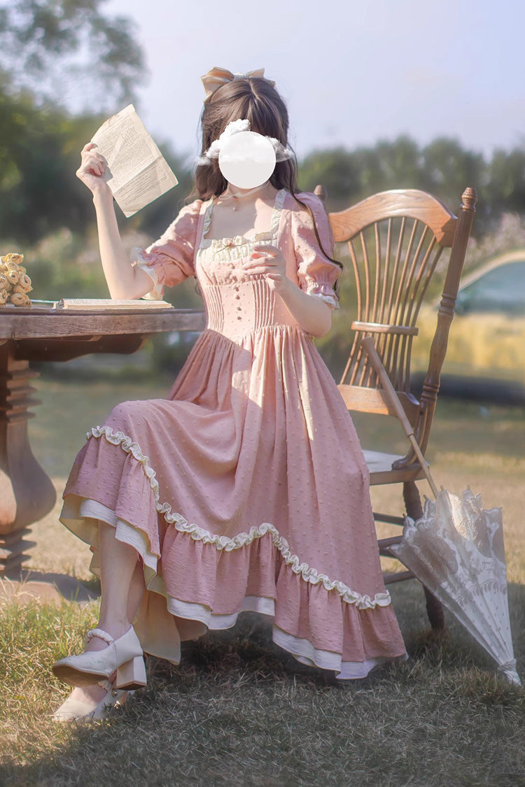 Pink Square-Neck Puff-Sleeve Ruffle-Embroidered Chic Sweet Jumper Dress