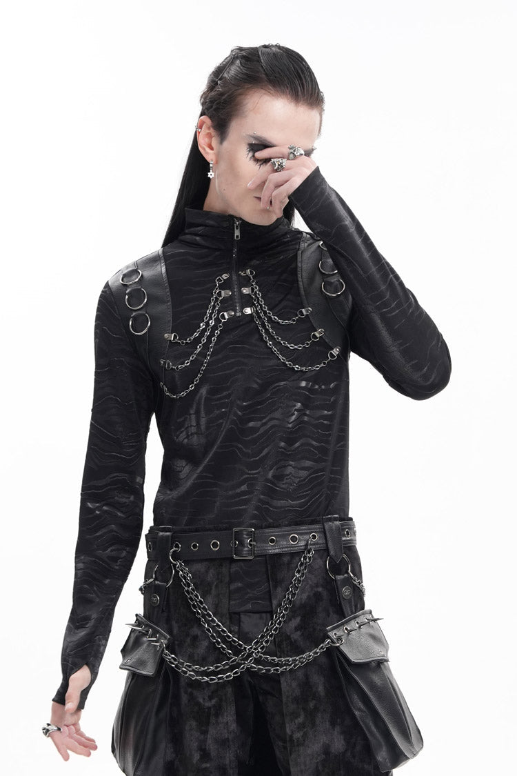 Stand Collar Long Sleeve Gothic Tee with Chain Rings for Men