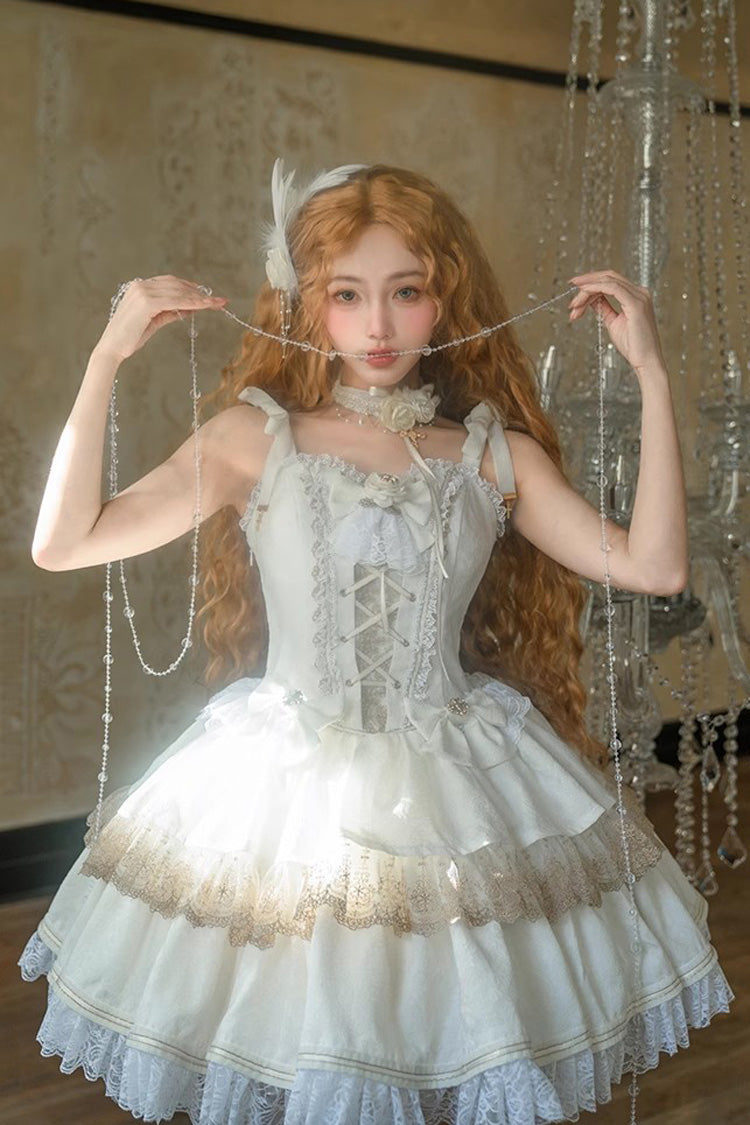 White Gothic Ballet Lolita JSK Double Layered Lace Ruffled