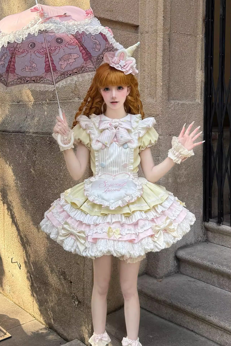 Yellow Pink Short Sleeve Multi-Layered Ruffle Bowknot Sweet Dress
