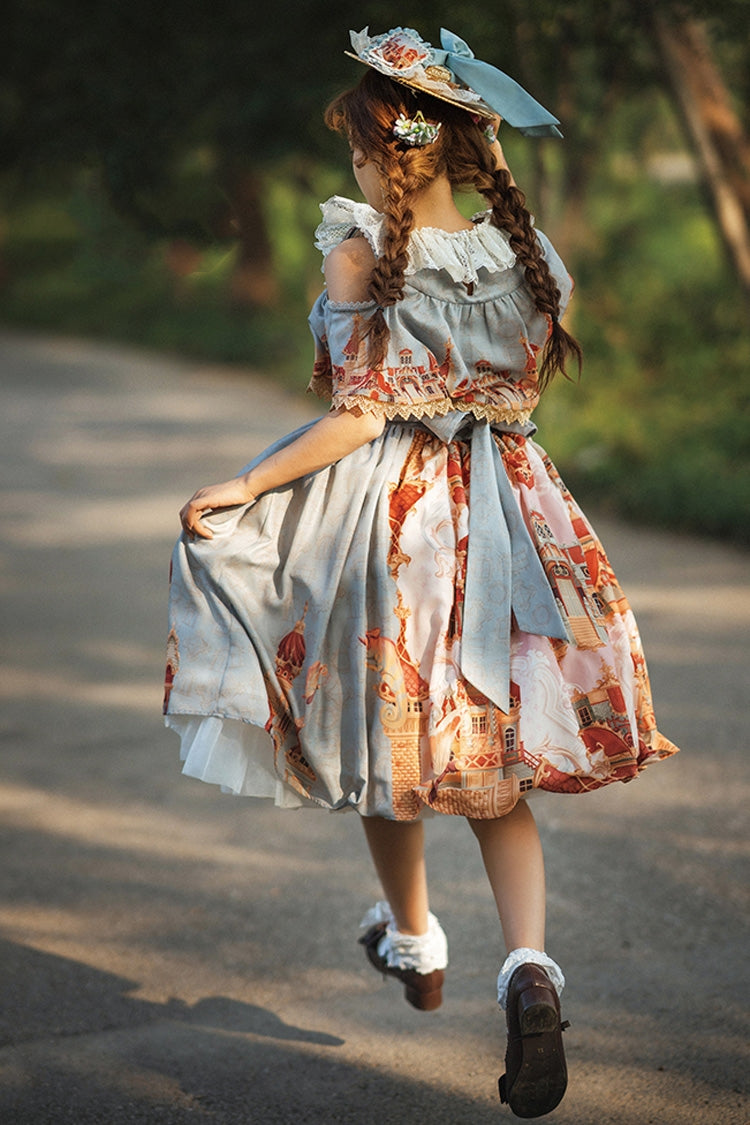 Multi-Color Oil Painting Printed Sweet Lolita Dress - Off Shoulder Short Sleeved