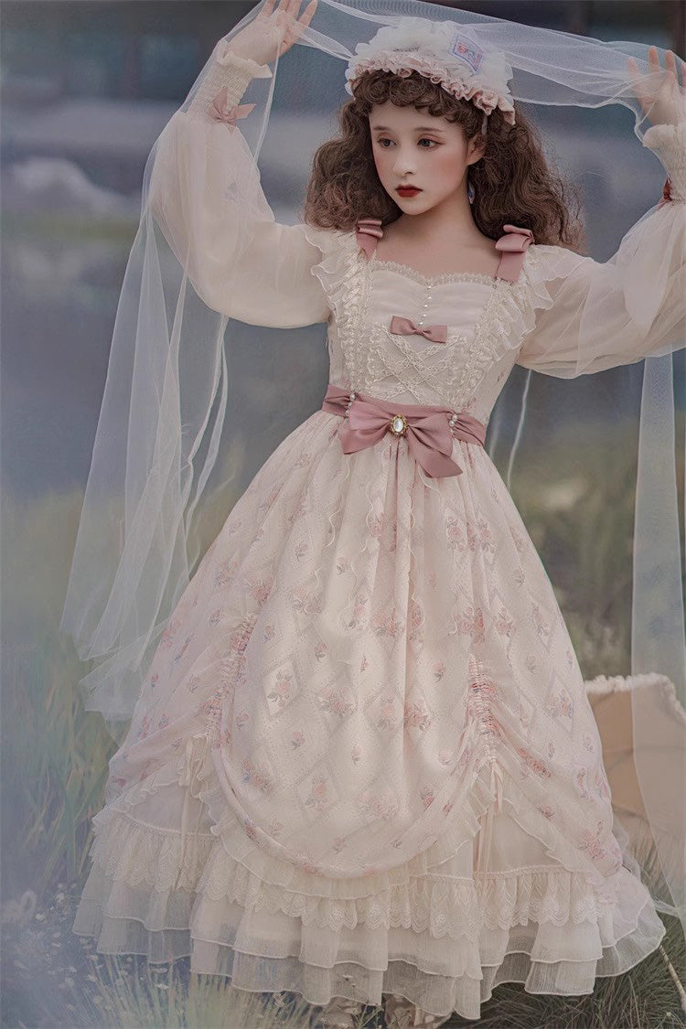 Ivory Letter Print Ruffle Bowknot Casual Elegant Lolita Dress