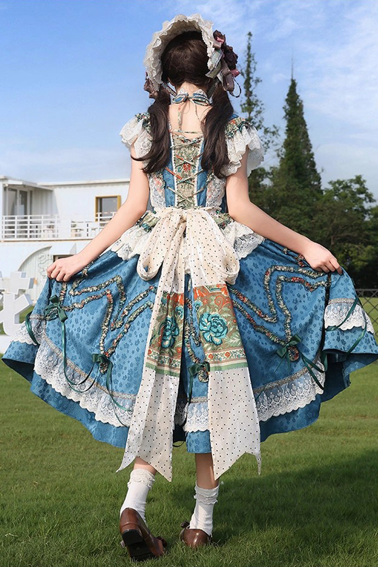Blue Lake Monet Sleeveless High Waist Print Ruffle Cardigan Bow Lace-Up Vintage Elegant Princess Jumper
