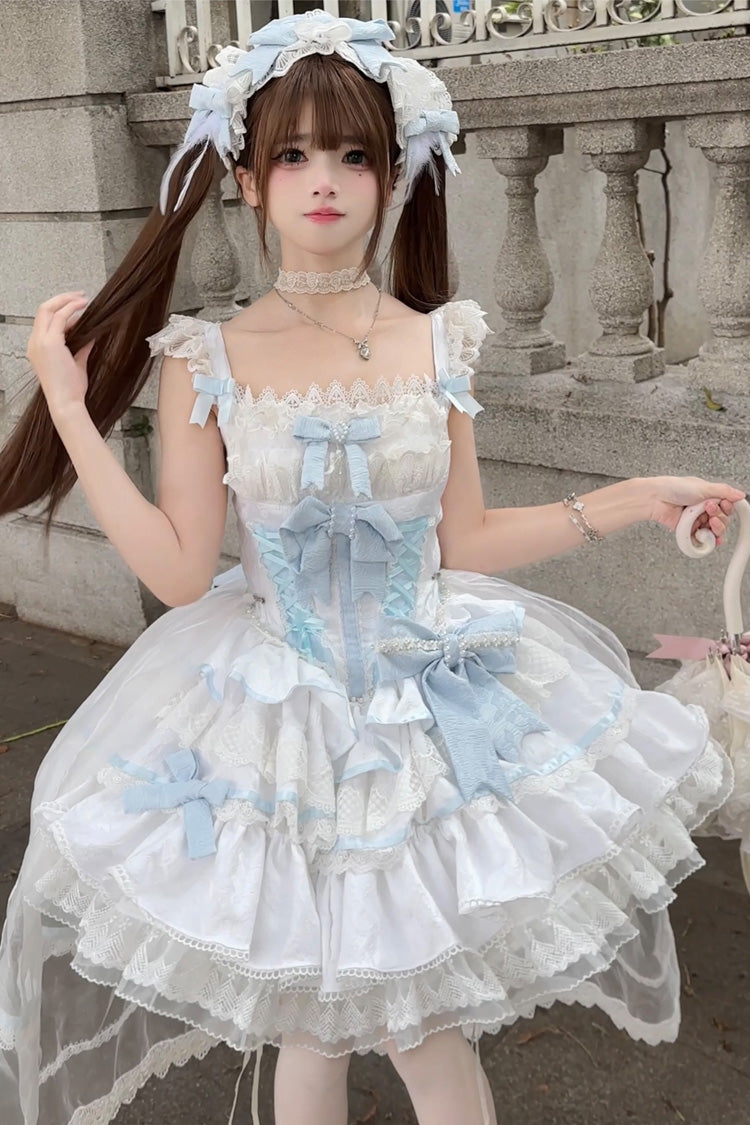 Blue/White Clouds and Mist Multi-Layered Ruffle Ribbon Lace Girly Princess Lolita JSK Gown