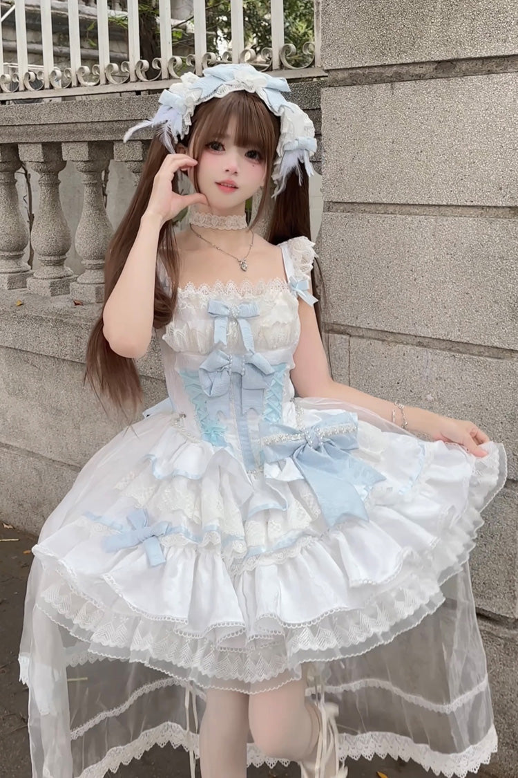 Blue/White Clouds and Mist Multi-Layered Ruffle Ribbon Lace Girly Princess Lolita JSK Gown
