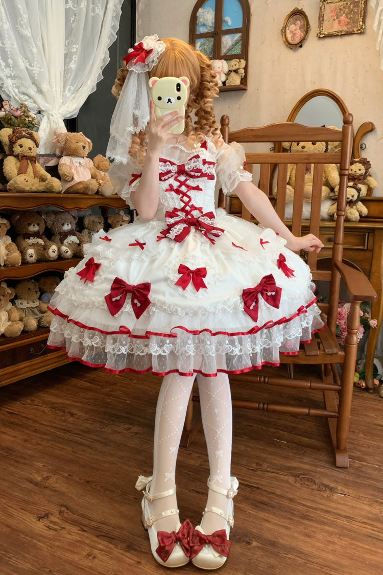 Ivory and Scarlet Heart Sleeveless Layered Embroidered Bow Lace-Up Sweet Lolita JSK