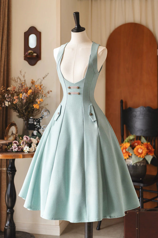 Half-Bust Waist-Cinched Vintage Dress - Forest Corridor