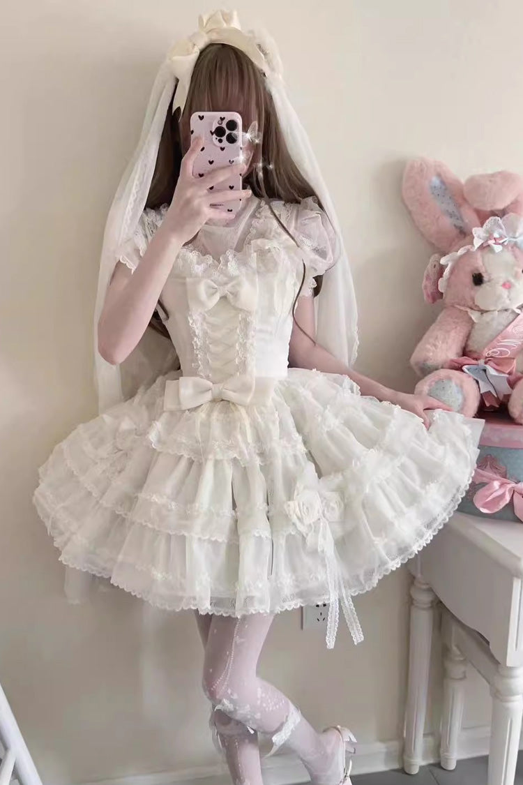 Ivory Moonlight Sleeveless Ruffle Bow Lace Sweet Lolita JSK