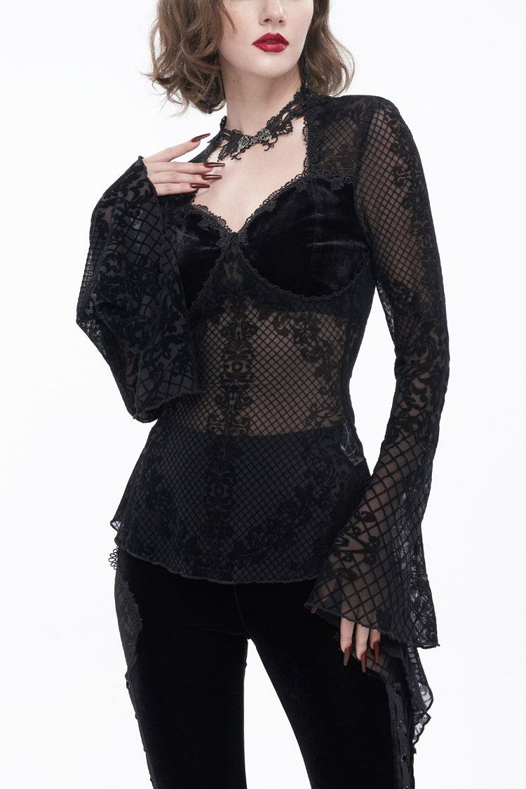 Midnight Velvet Lace Flared-Sleeve Gothic Tee with Metal Accents