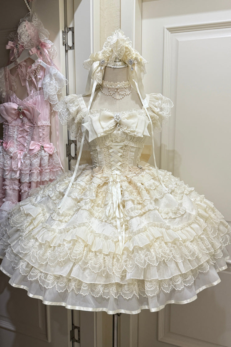 Elegant Apricot Sleeveless Tiered Ruffle Lace-Up Bow Sweet Lolita JSK Gown