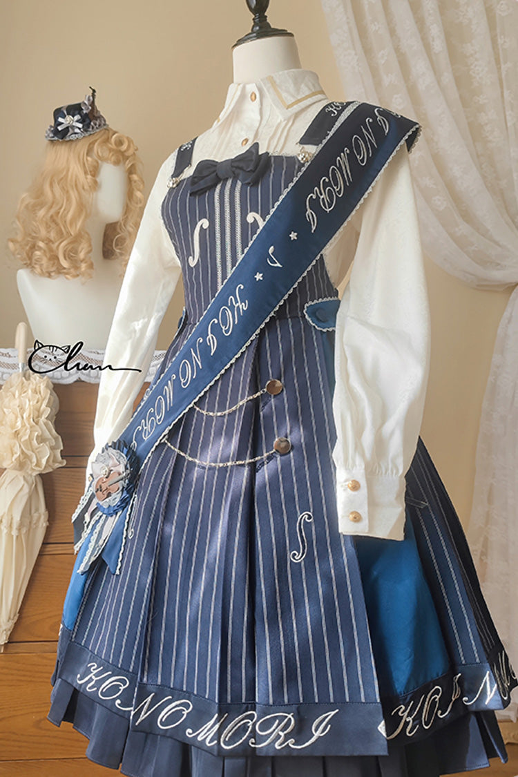 Sweet College Lolita Strap Dress Violin Embroidery Bowknot Ruffled - Two Colors