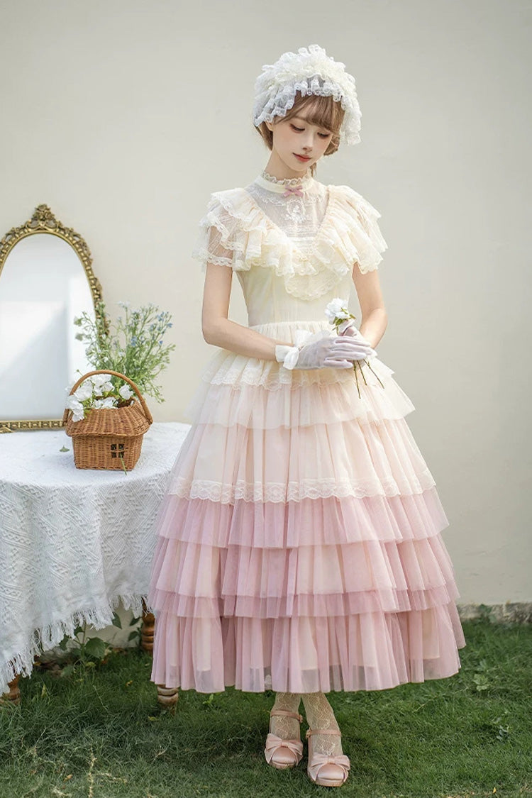 Sweet Lolita Dress with Edwardian Collar and Ombre Ruffles - Pink