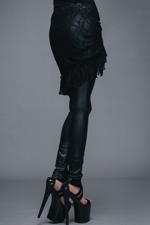 Obsidian Rose Lace Mesh Over-Skirt Faux Leather Pants for Women