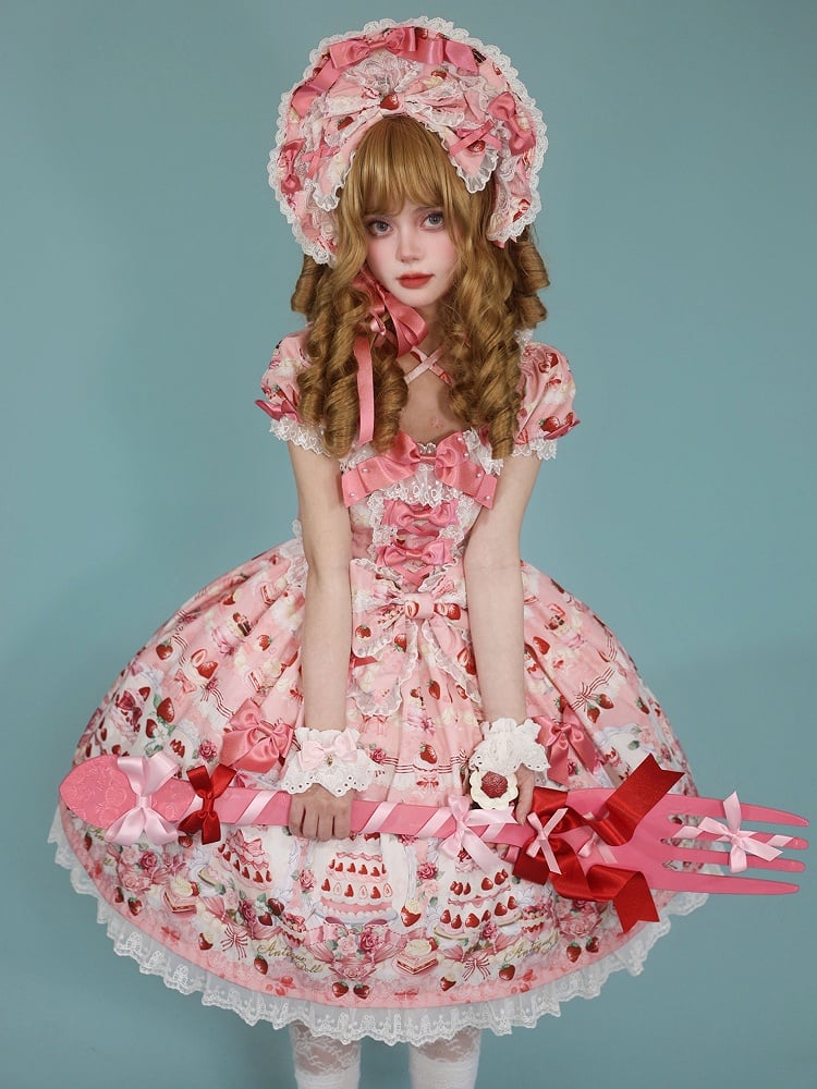 Bow Print Cake Set Sweet Strawberry / Pink Accents Full Lolita Dress