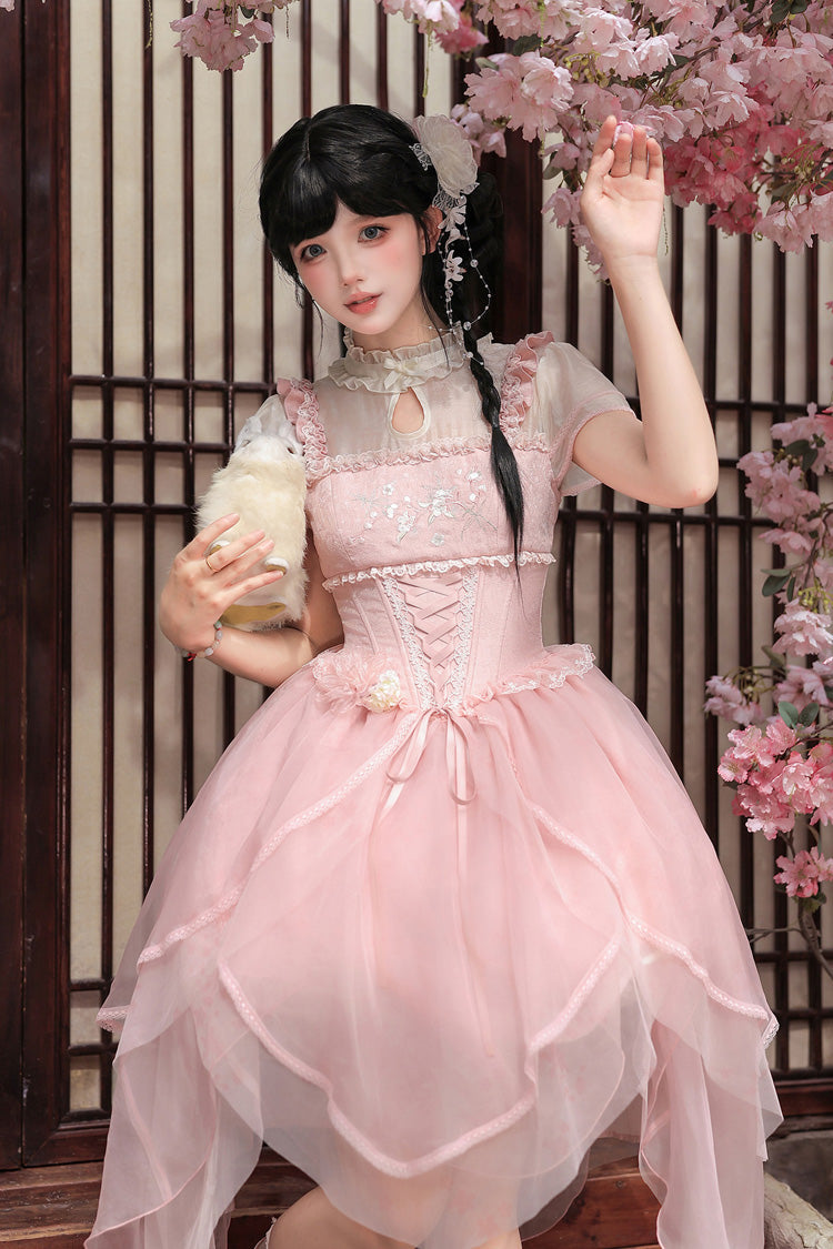 Fragrance Stand Collar Short Sleeves Multi-Layered Printed Ruffled Bow Lace Irregular Chinese Style Sweet Lolita Dress 2 Colors - Green/Pink