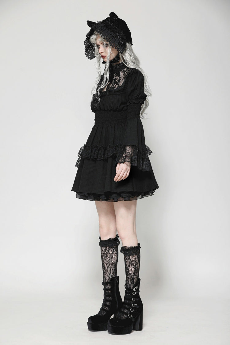 Gothic Victorian-Inspired Black Lace Ruffled High-Neck Puff-Sleeve Cutout Maxi Gown