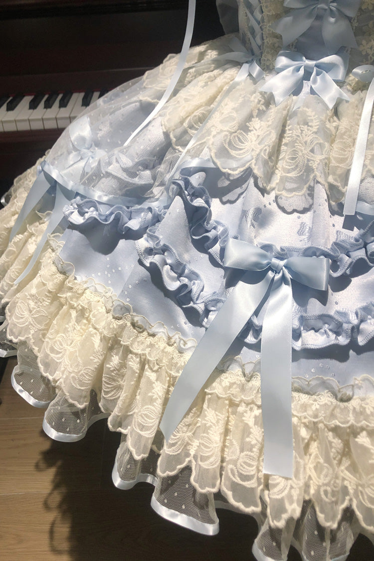Dreaming Butterfly Blue Multi-Layered Jacquard Ruffle Bowknot Lace Sweet Princess JSK Dress